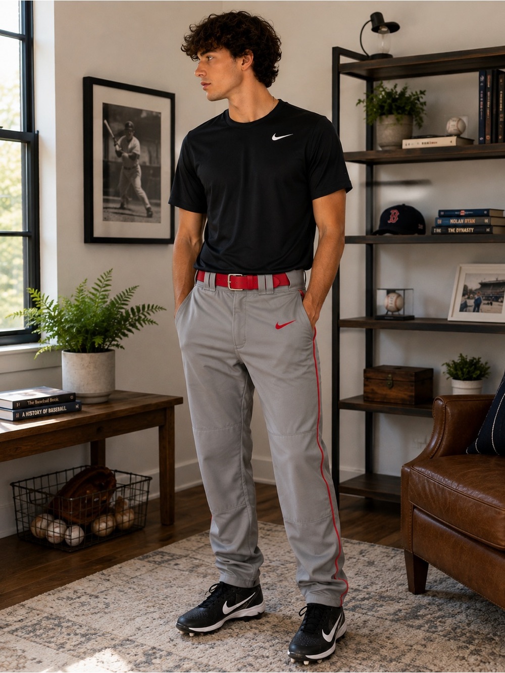 Nike Men’s Light Gray Baseball Pants with Red Trim